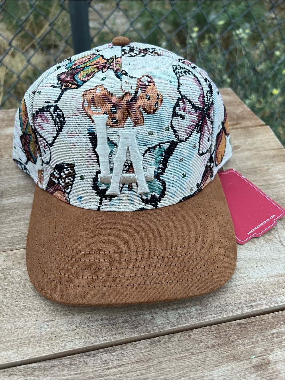 Urban Outfitters Brown Suede Brim Baseball Cap with Butterfly Print